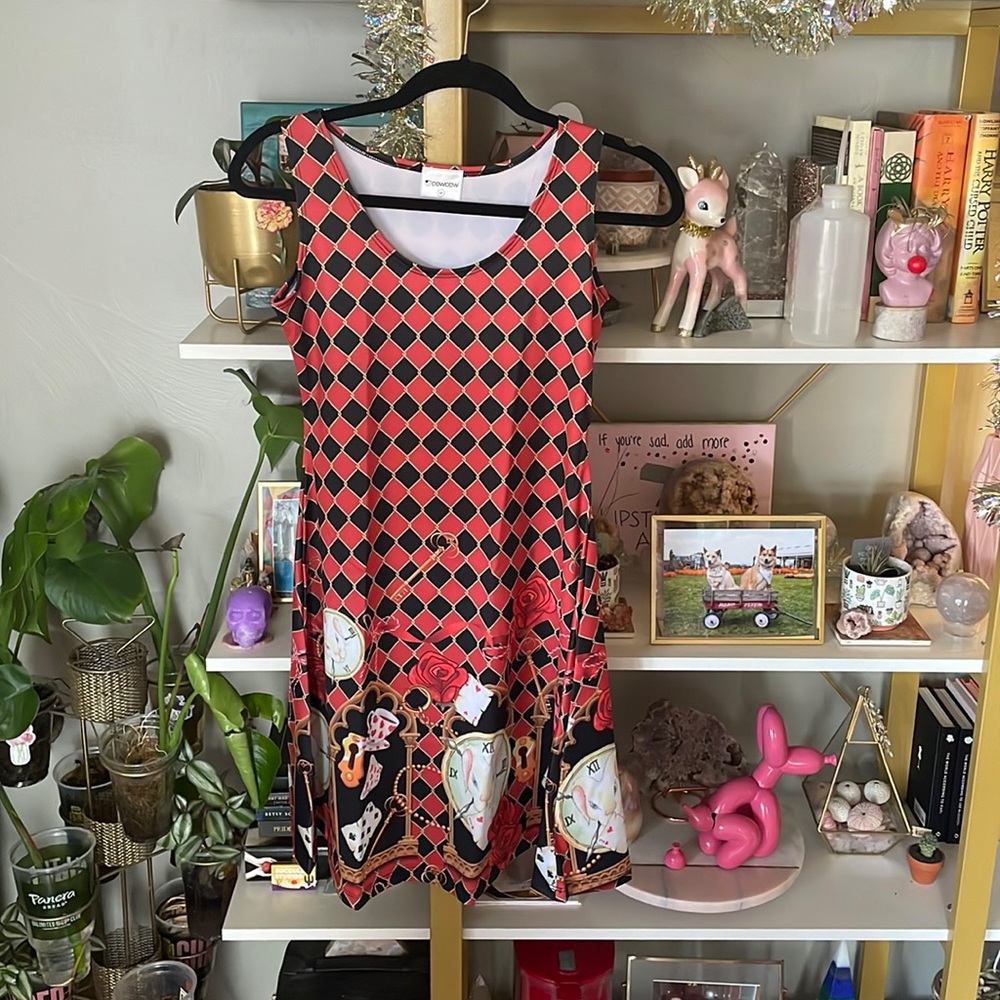 XOXO Red and Black Diamond-Print Sleeveless Midi Dress with Decorative Hem